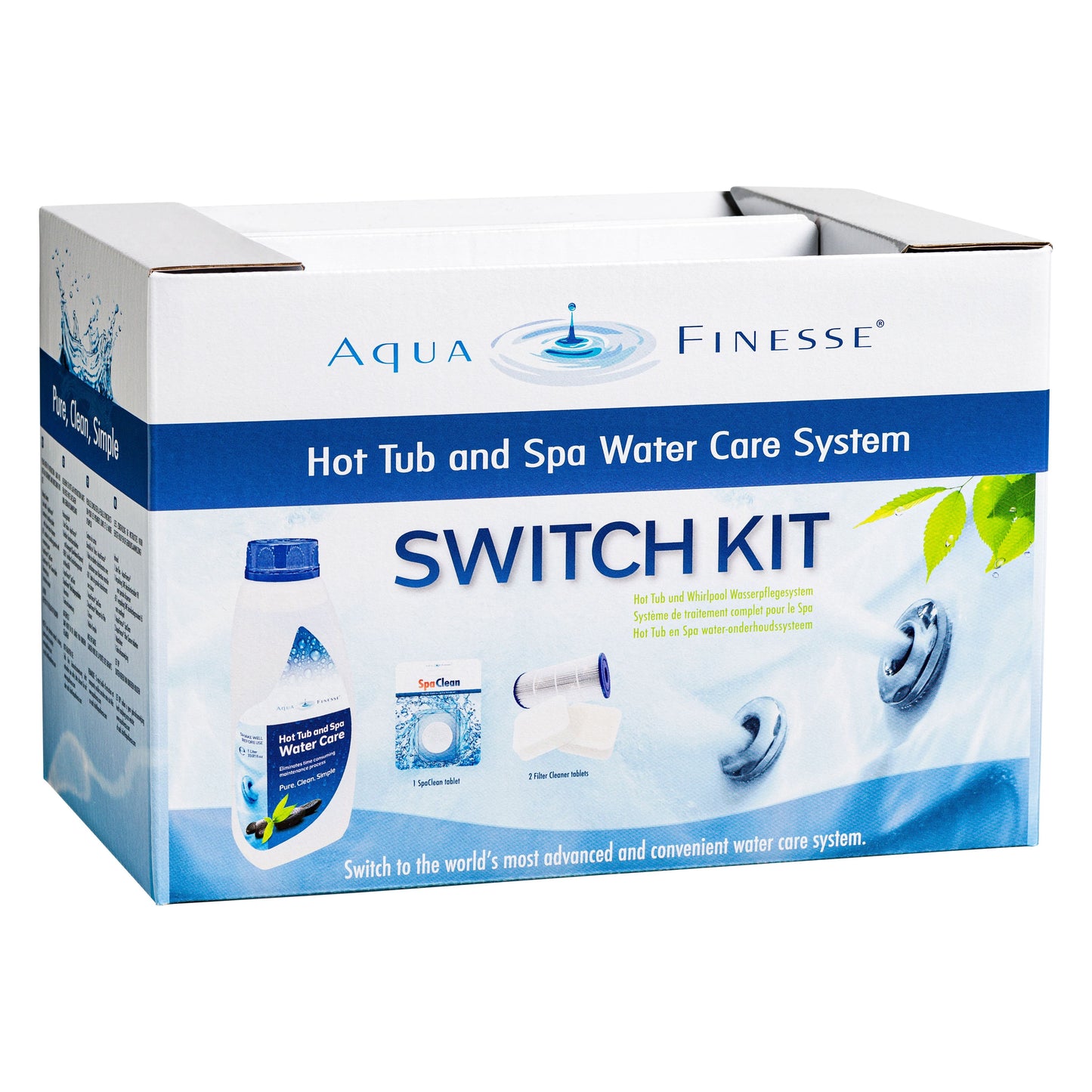 AquaFinesse Hot Tub Water Treatment Switch Kit – starter kit for easy spa care, reduces harsh chemicals, softens water, prevents biofilm, with options for 3-month supply and subscription.