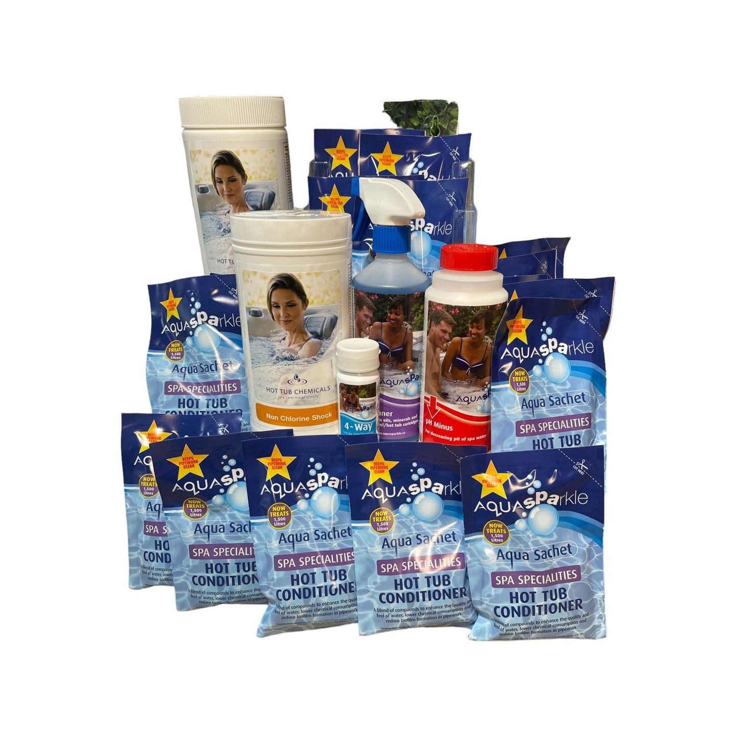 Bromine Tablet Spa Care Kit displayed with various spa care products including bromine tablets, hot tub conditioning sachets, non-chlorine shock, pH minus, instant filter cleaner, and test strips, all arranged on a white background."