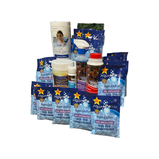 "Image of Bromine Tablet Spa Care Kit featuring bromine tablets, hot tub conditioning sachets, spa revive, pH minus, instant filter cleaner spray, and test strips. The kit is designed for easy and effective hot tub maintenance, ensuring clean and balanced water quality."