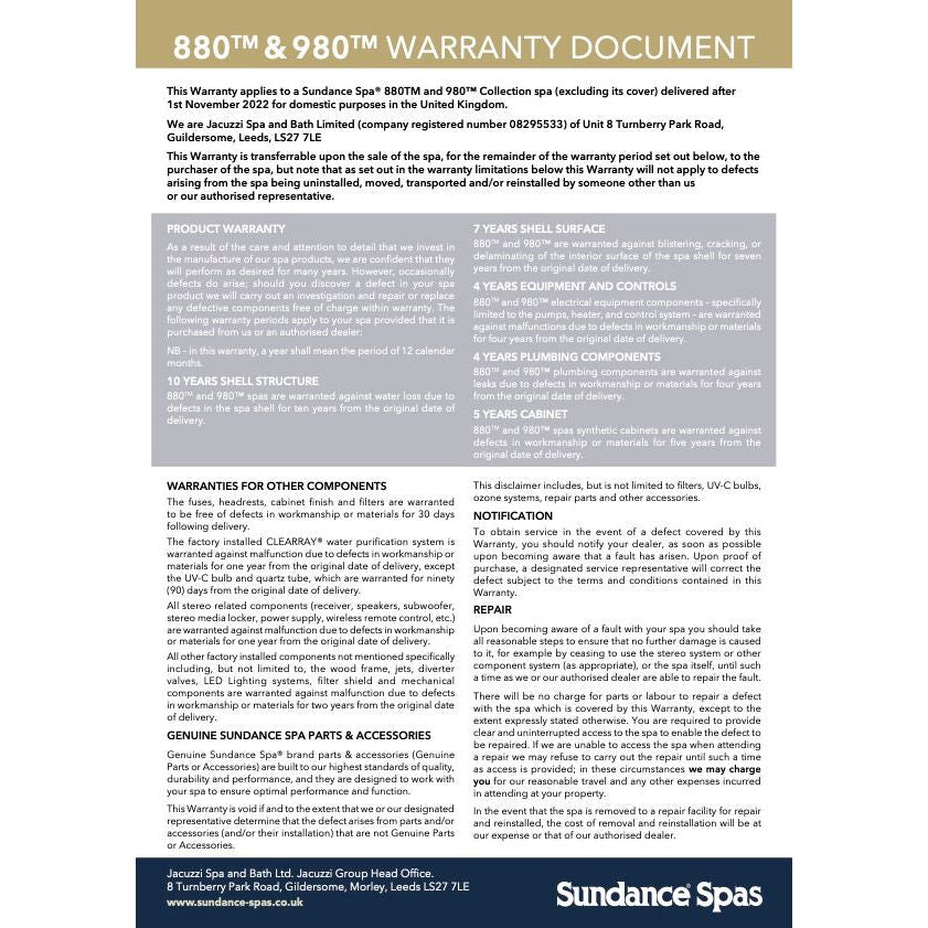 Sundance 980 - 880 Series Warranty