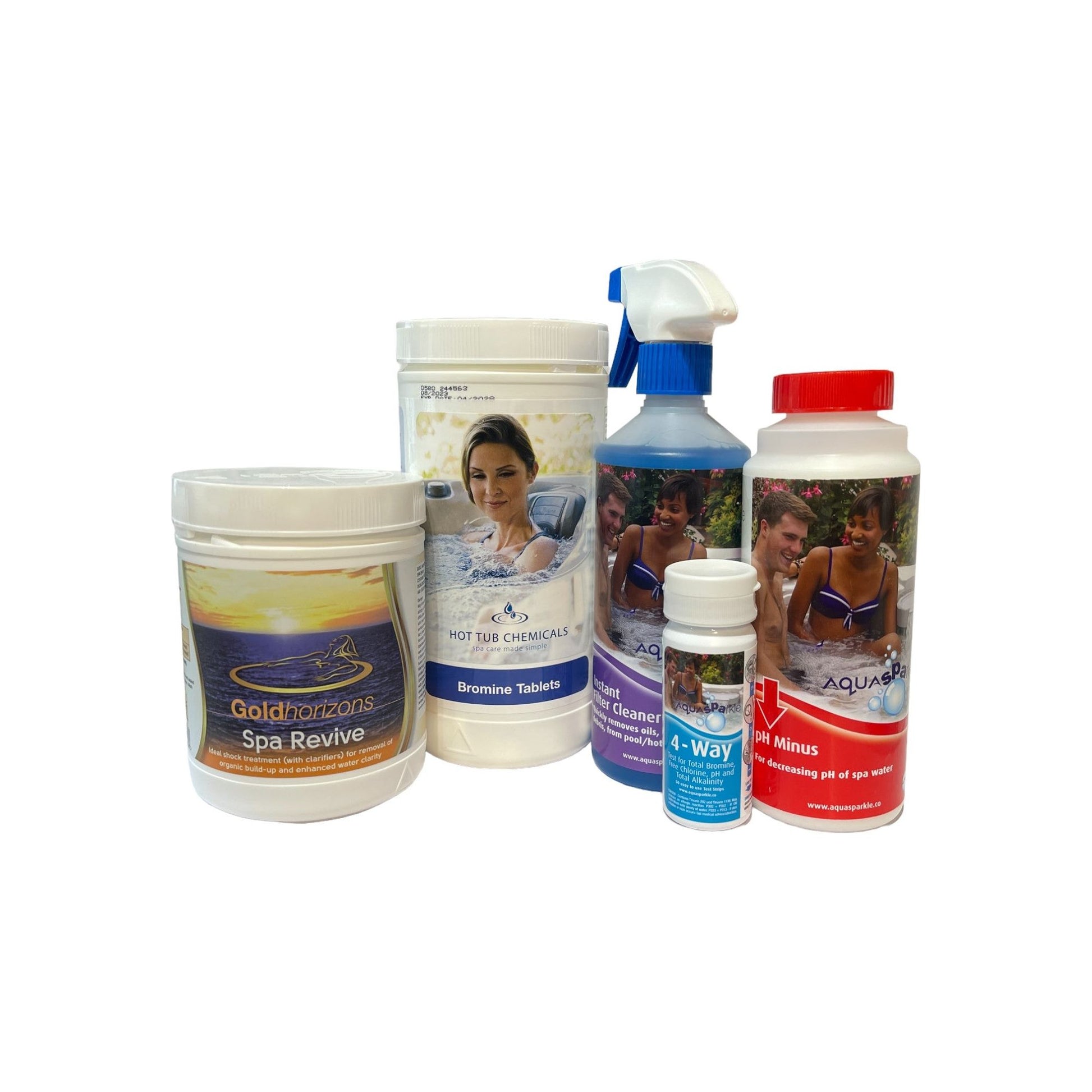 "Keep your hot tub pristine with our Bromine Tablet Spa Care Kit. This 3-month subscription bundle includes bromine tablets, spa revive, pH minus, instant filter cleaner, and test strips for hassle-free water sanitation and balance. Enjoy regular delivery and no contracts for clean, clear, and comfortable spa water. Subscribe now for effortless spa care."