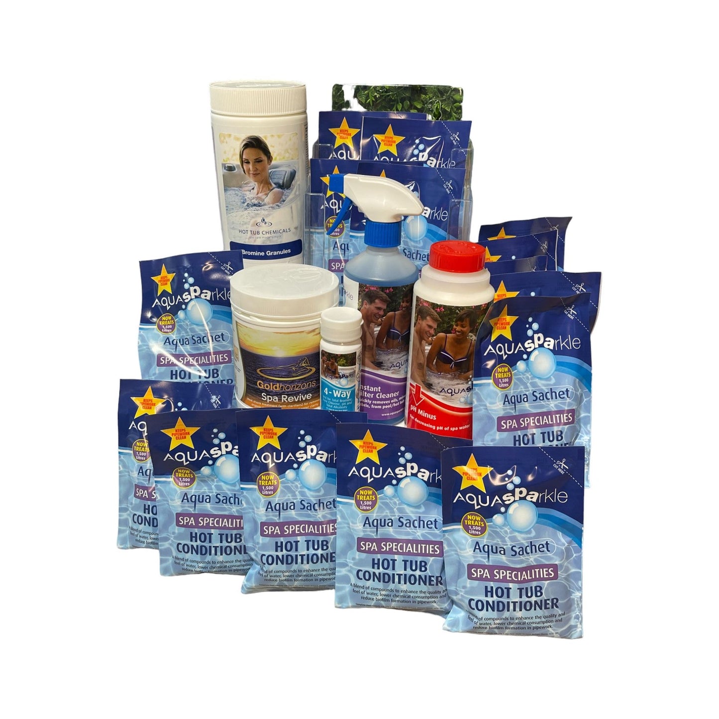Bromine Granules Spa Care Kit including bromine granules, hot tub conditioning sachets, non chlorine shock, pH minus, instant filter cleaner, and test strips, for convenient spa maintenance."
