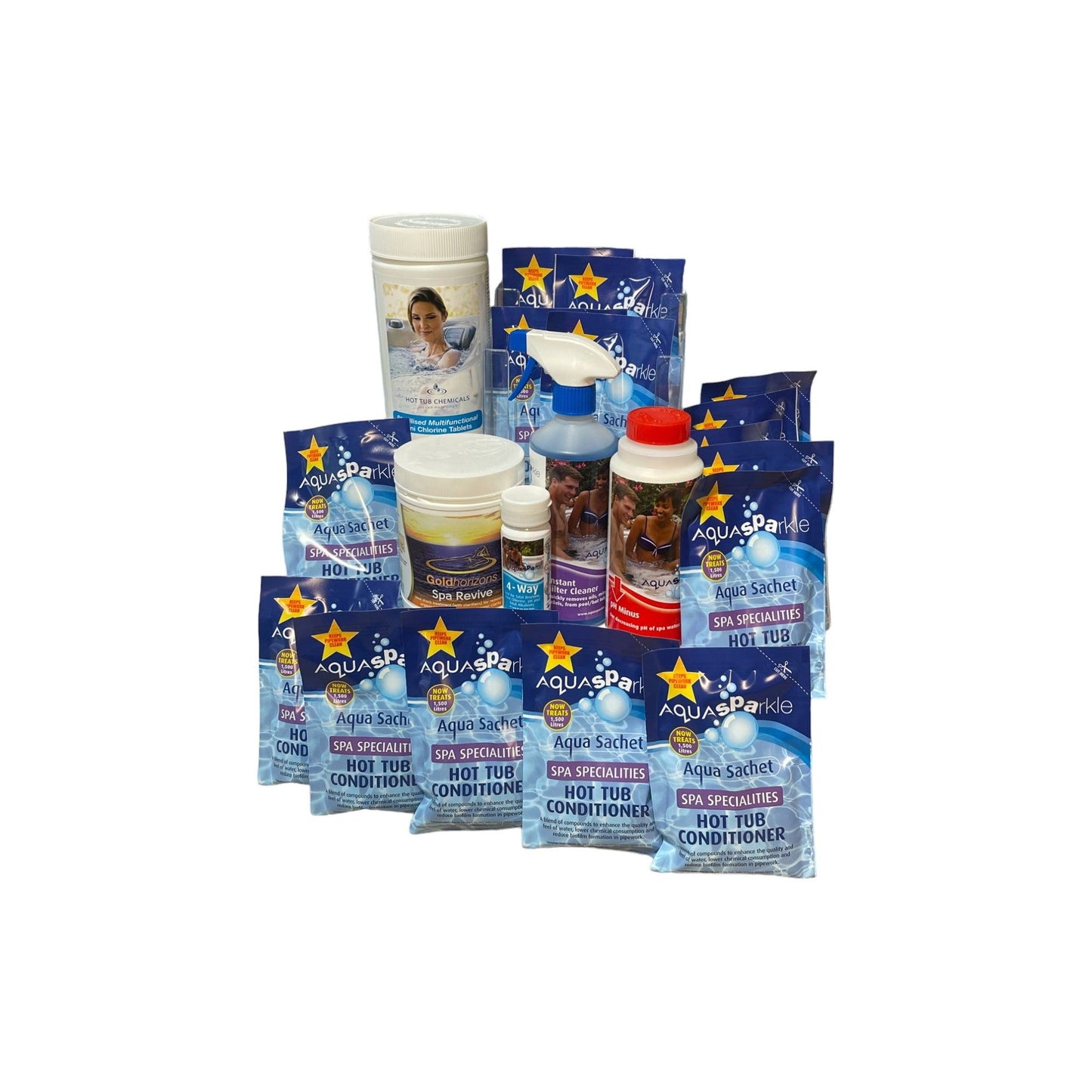 "Chlorine Tablet Spa Care Kit with various spa maintenance products, including chlorine tablets, hot tub conditioning sachets, spa revive, instant filter cleaner spray, test strips, and pH minus, displayed together. The kit offers a comprehensive solution for maintaining clean, balanced, and comfortable spa water."