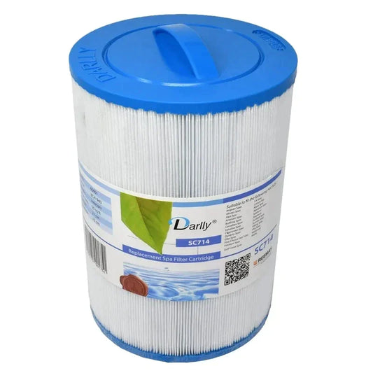 Darlly SC714 Spa Cartridge Filter - 50 sq ft filtration area, compatible with 4 Seasons Spas, Aegean Spas, and other top brands. Features handle top and 3.8cm coarse male thread bottom.