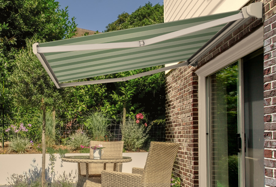 Outdoor living area showcasing an awning