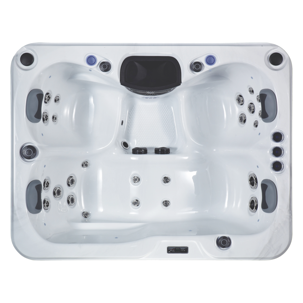 Birdseye photograph showing the Core hot tub with one lounger and two seats.