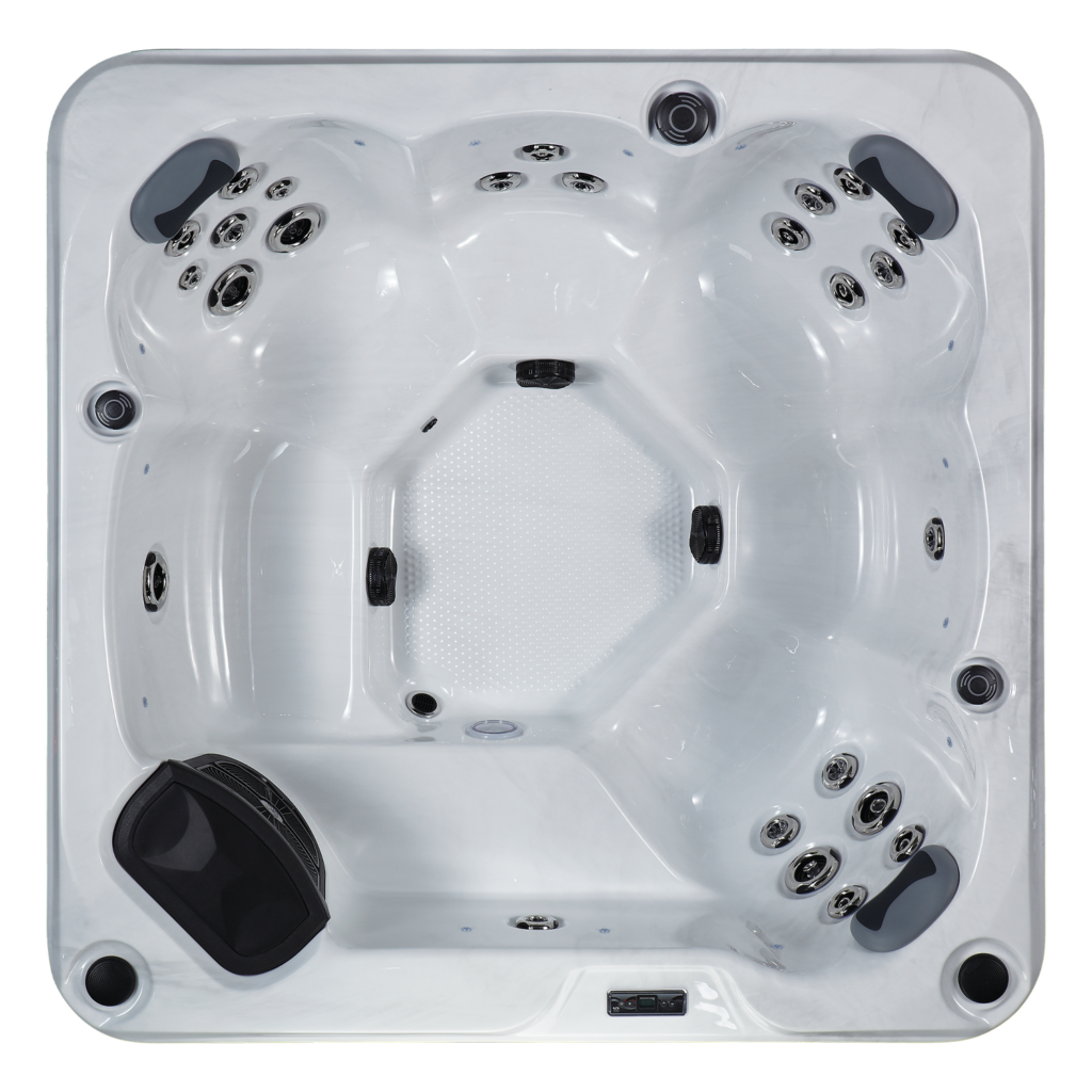 Birdseye photograph showing the edge afforadable seven seater hot tub.