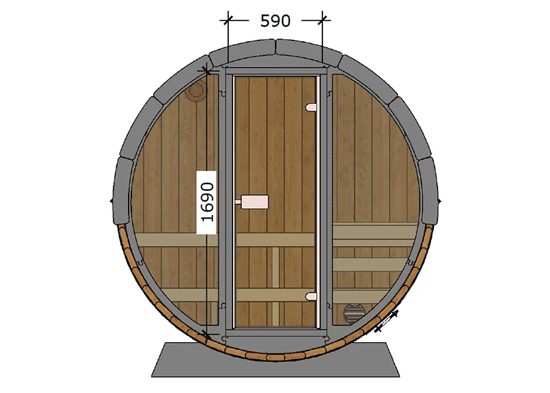 Diagram of a wooden barrel sauna cross-section, showing interior layout. Measurements read 590 and 1690 mm. Central door, benches, calm tone.