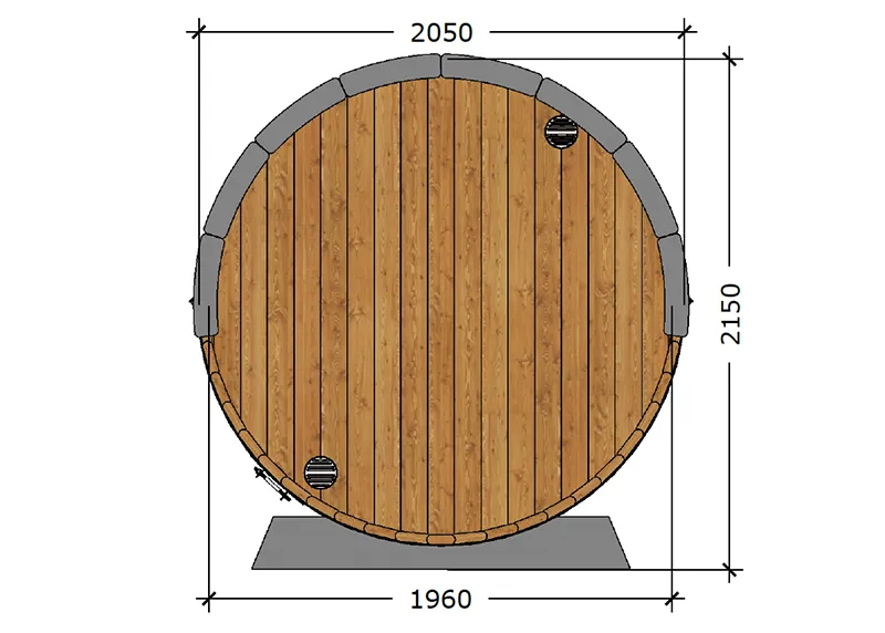 Back view of a wooden sauna barrel with dimensions 2050mm wide and 2150mm tall. Features vertical wooden planks, a roof, and two ventilation openings.