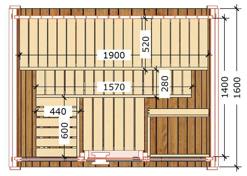 Floor plan of a wooden structure with labeled dimensions. Horizontal and vertical wooden planks fill the space, creating a geometric pattern.
