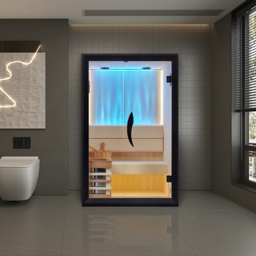 Modern bathroom featuring a sleek sauna with blue interior lighting. Sunlight filters through blinds, creating a serene ambiance.