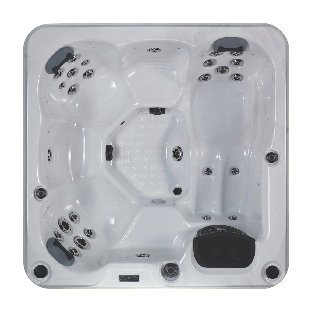 Birdseye photograph showing the Pusle budget hot tub with one lounger and five seats.