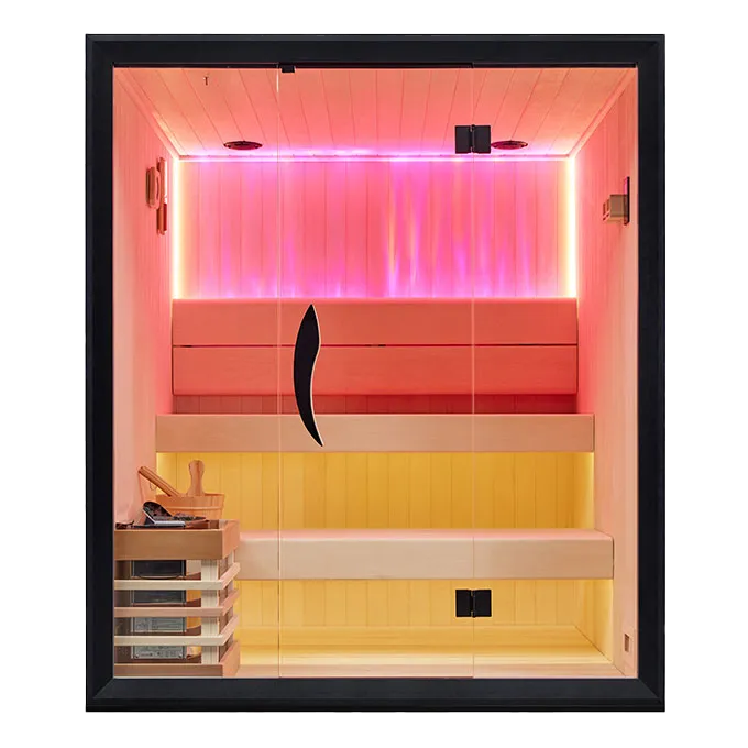 Cut out image of the Aurora 4 Sauna, the lighting in a soft pink glow. Wooden benches and walls create a warm, inviting atmosphere. The overall look is sleek and modern.