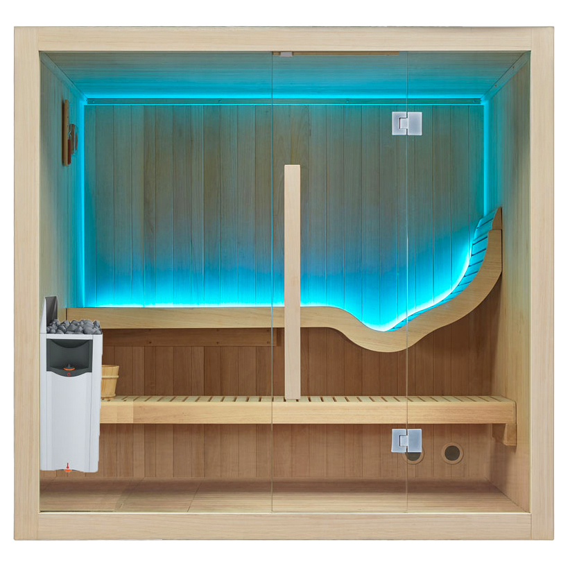 Modern indoor sauna with wooden paneling and soft blue lighting illuminating the lounger.