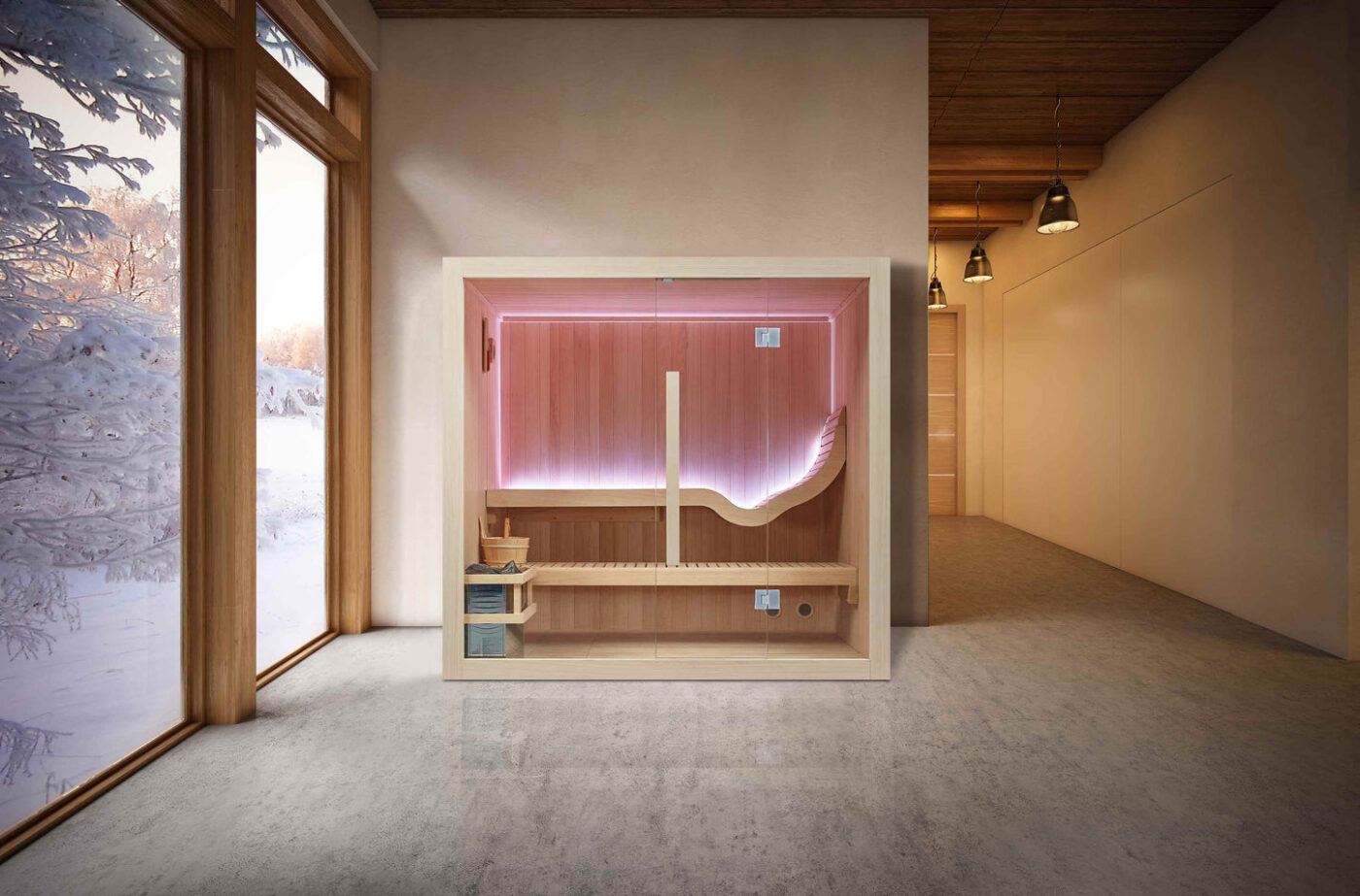 Modern indoor sauna with wooden paneling and soft pink lighting next to large windows showing a snowy landscape. The space feels warm and inviting.