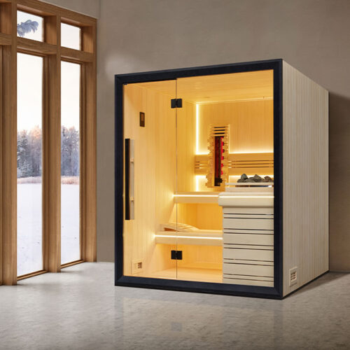 Modern wooden sauna room with a black frame, glowing warm lights, a heater with stones on the right, and benches. The ambiance is cozy and inviting.