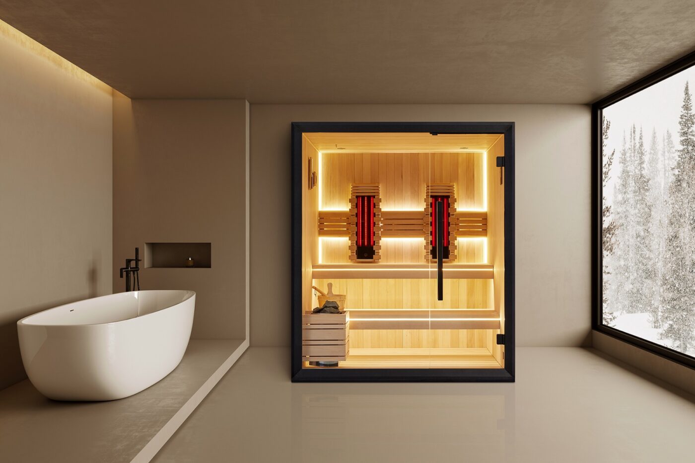 Modern bathroom with a sleek white bathtub and a glass-enclosed hybrid sauna, warmly lit.