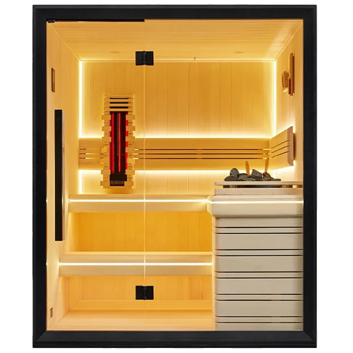Modern wooden sauna room with a black frame, glowing warm lights, a heater with stones on the right, and benches. The ambiance is cozy and inviting.