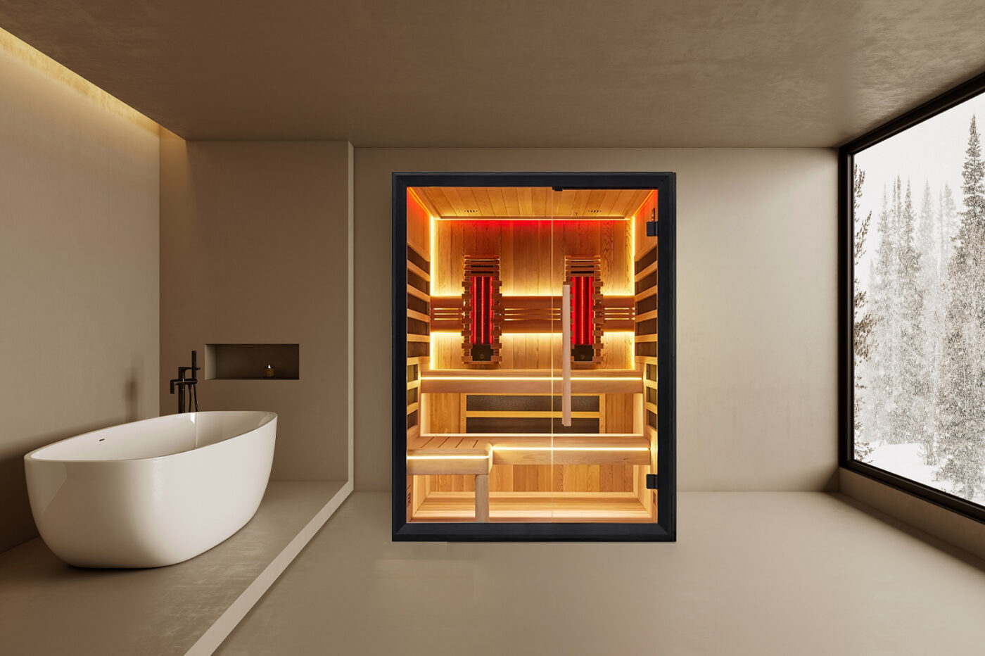 Minimalist bathroom with a freestanding white bathtub and modern wooden sauna.