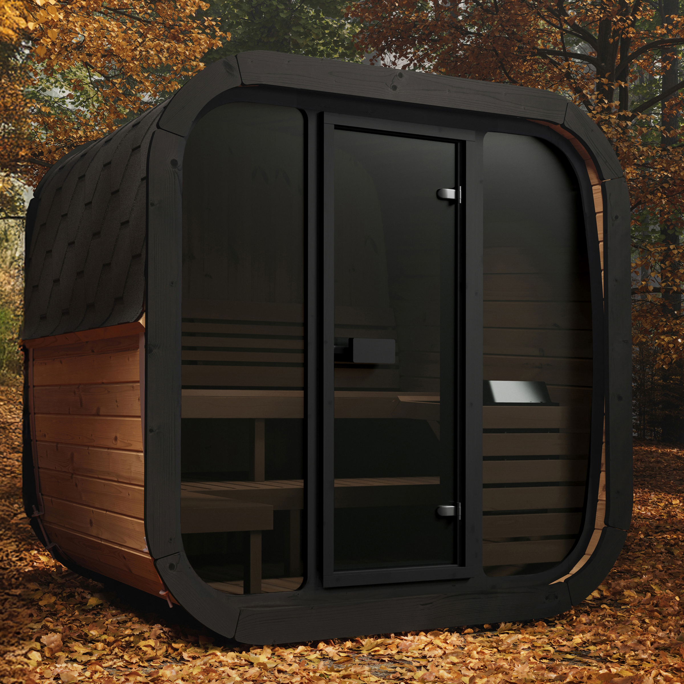 Modern wooden sauna cabin with a glass door, nestled in a forest with vibrant autumn leaves on the ground, evokes warmth and tranquility.