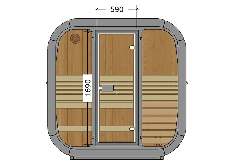 Floor plan of a compact sauna with wood paneling, featuring a central glass door. Dimensions of the door are: 1690mm by 590mm.