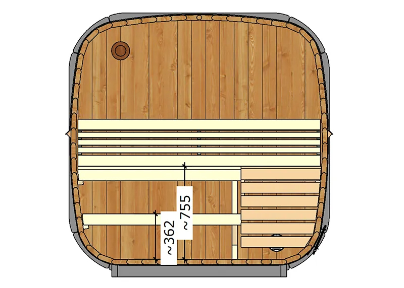 X-ray view of a wooden sauna interior, where wooden benches align the walls, and dimensions are marked 362 from floor to lower beam and 755 from floor to seat.