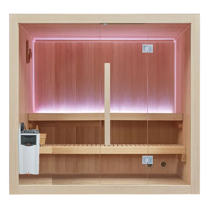 Modern indoor sauna with wooden paneling and soft pink lighting. The space feels warm and inviting.