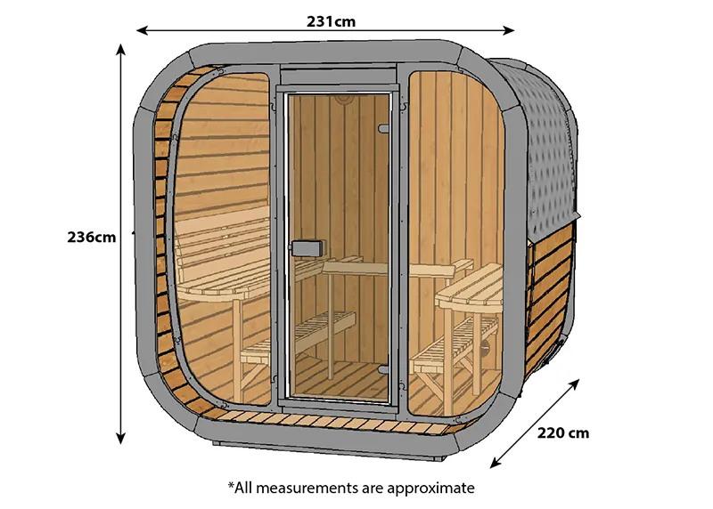 Illustration of a sauna with a curved wooden interior and glass door.
