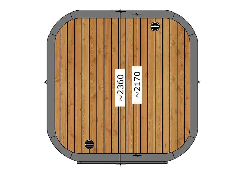 Top view diagram of a wooden thermozen l sauna with rounded corners, bordered in gray. Labels show approximate dimensions of 2360mm and 2170mm.