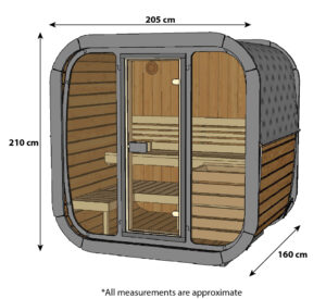 Illustration of a compact sauna with a curved wooden interior and glass door. Measurements are 210 cm tall, 205 cm wide, and 160 cm deep.