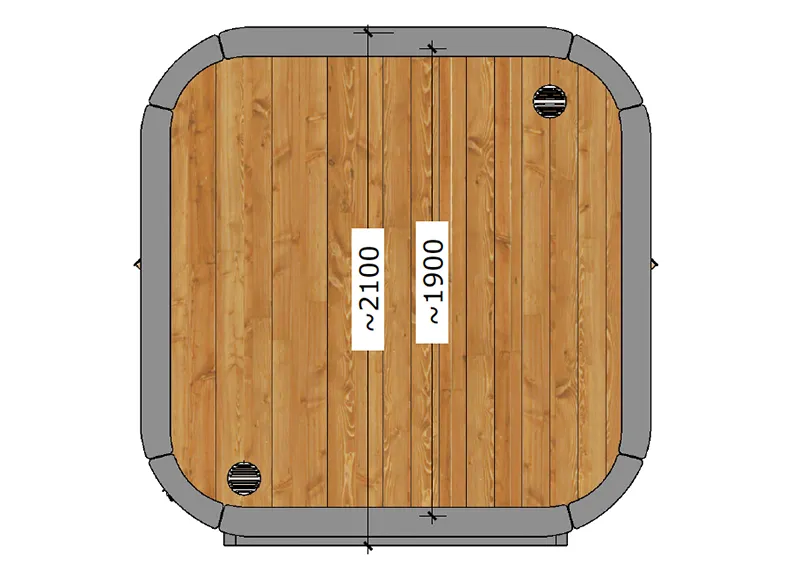 Top view diagram of a wooden thermozen s sauna with rounded corners, bordered in gray. Labels show approximate dimensions of 2100mm and 1900mm.