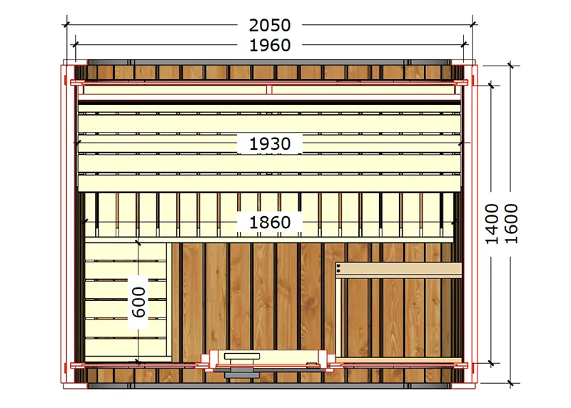 Floor plan of a wooden sauna, showing dimensions. Includes seating benches and a heater. Measurements indicate a space-saving, structured layout.